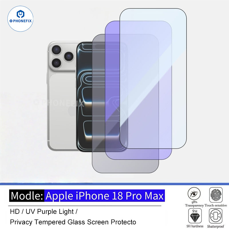 iPhone 18 Pro Max tempered glass screen protector from PHONEFIX showing HD clarity and privacy filter for secure screen protection