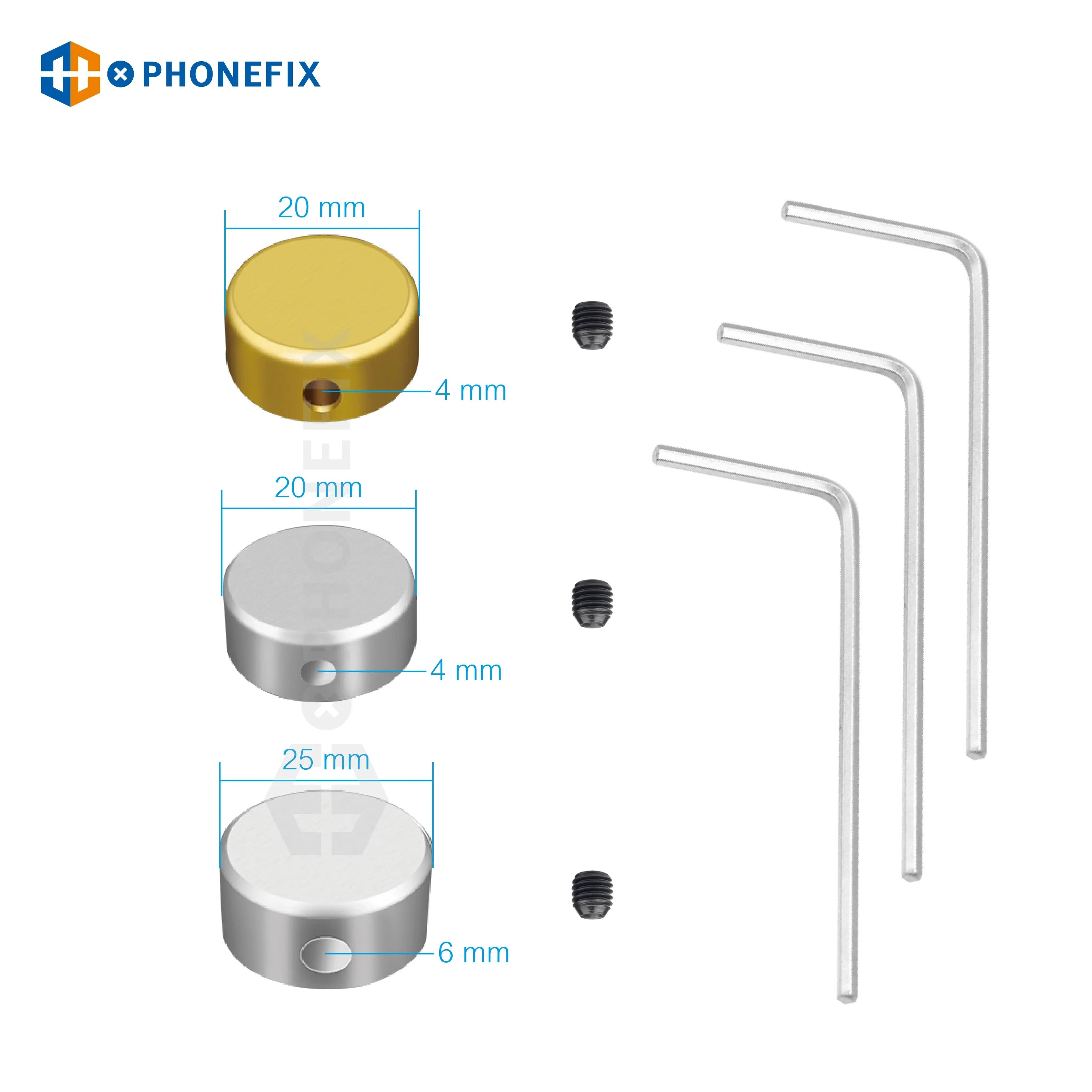 Mobile phone repair clamp set with three metal discs, screws, and L-shaped hex wrenches