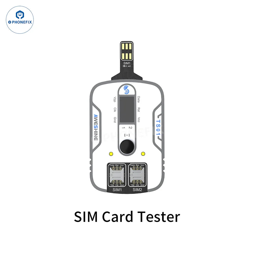 PHONEFIX Aweshine TS-01 SIM card tester for iPhone, iPad, and Android electronics, showing a compact testing device with SIM slots.