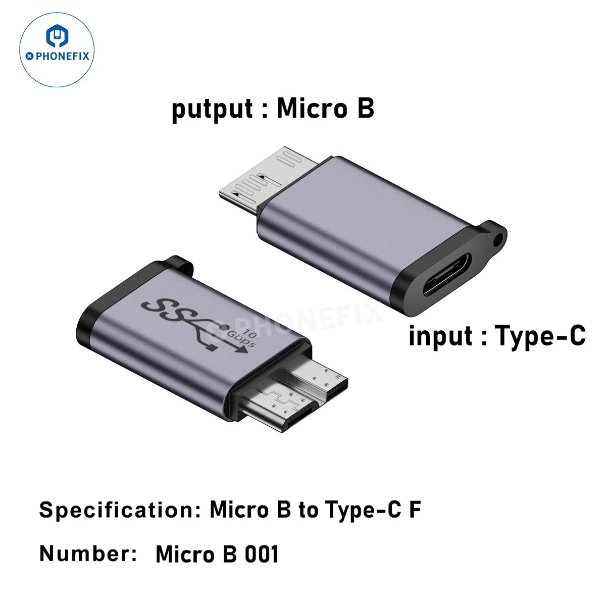 PHONEFIX Micro B to Type-C USB 3.1 adapter for mobile hard drives, high-speed 10Gbps data transfer, 3C accessory.