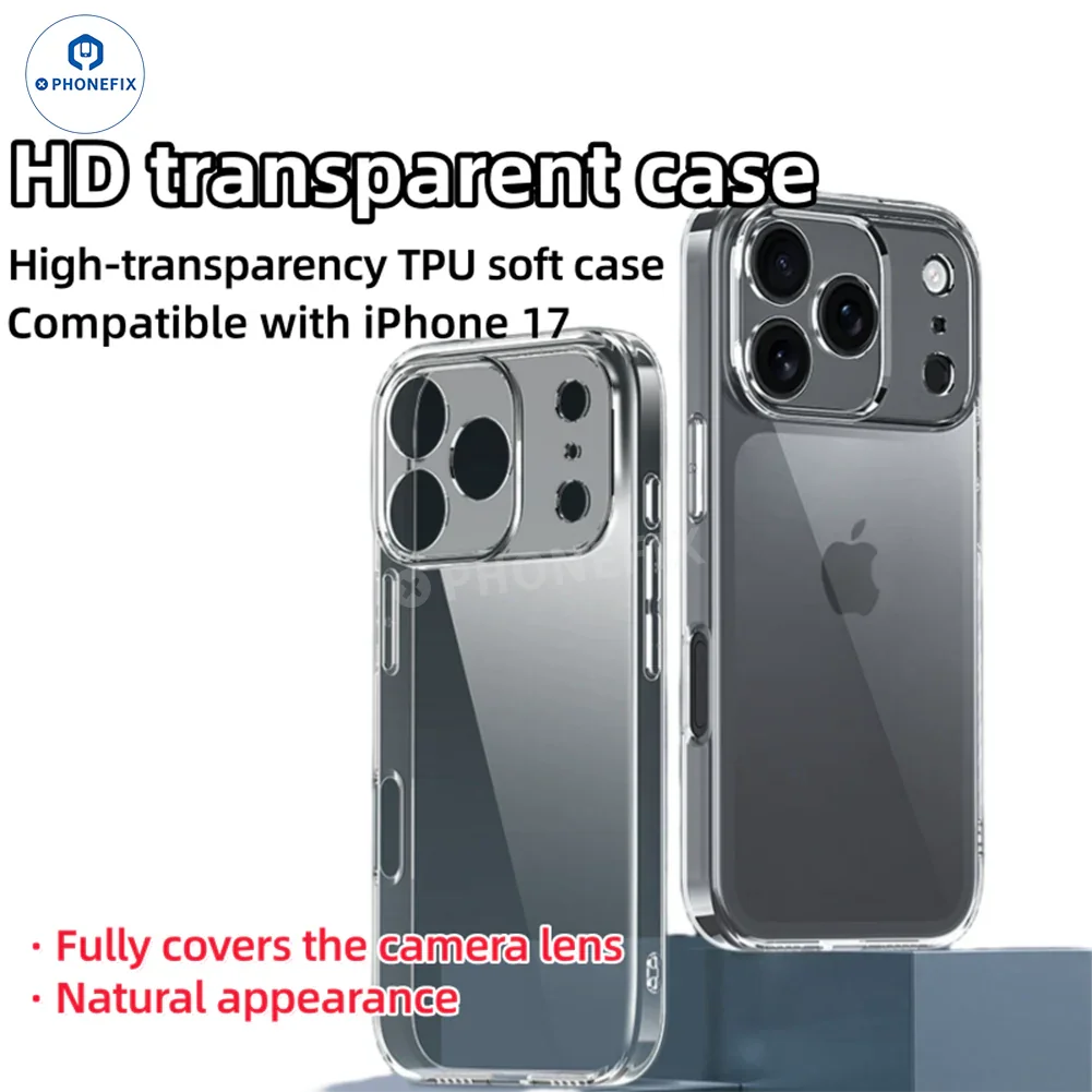PhoneFIX TPU clear MagSafe case for iPhone 17, Air, or Pro Max, showing a transparent protective cover with built-in MagSafe magnet.