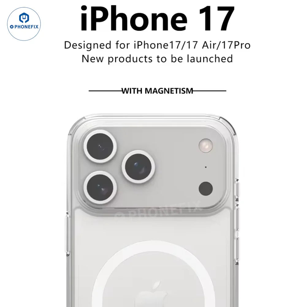 Clear TPU case with MagSafe for iPhone 17, 17 Air, and Pro Max by PHONEFIX, showing the slim protective design.