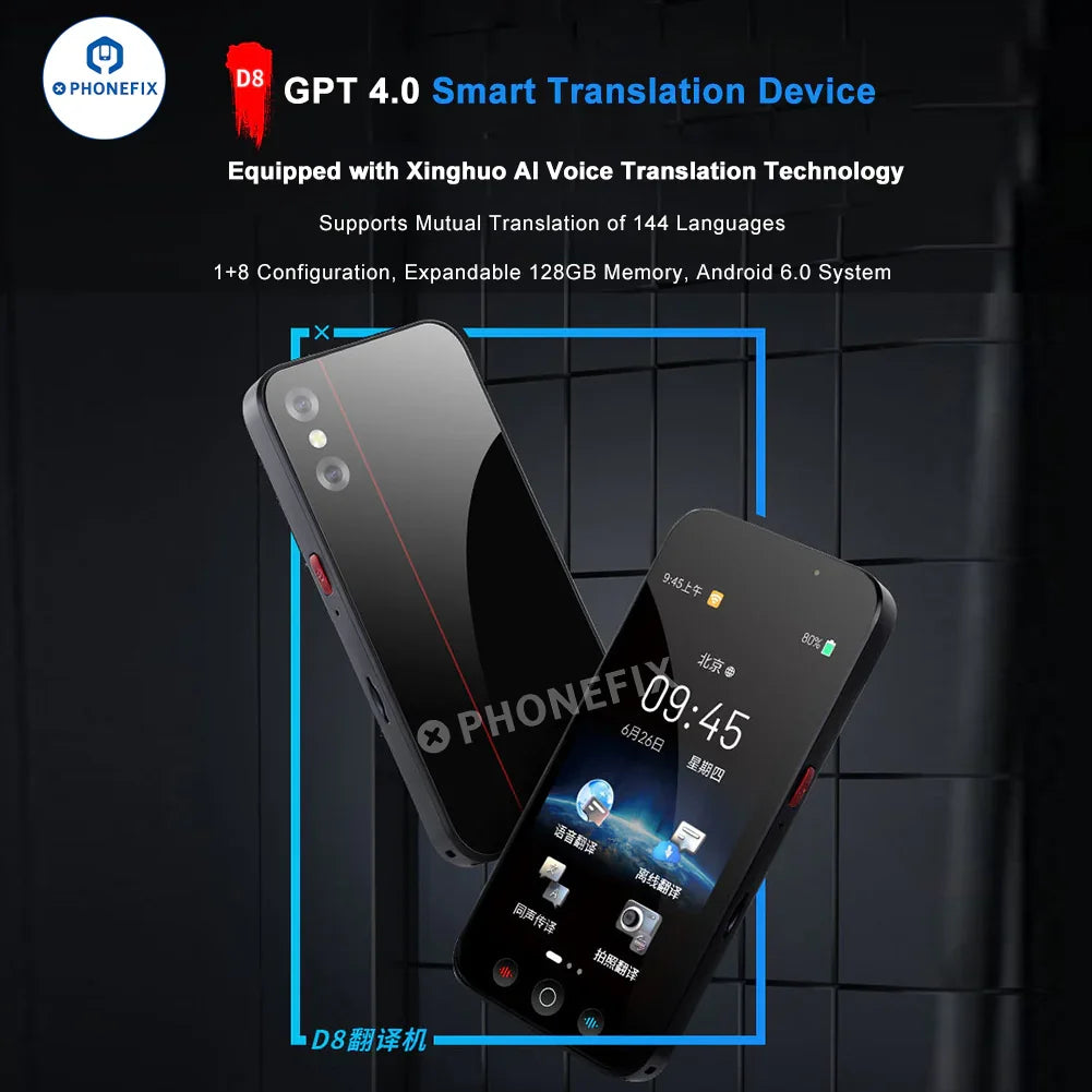PHONEFIX Smart Voice Translator GPT-4.0 AI photo translation headphones with sleek design and built-in microphone for language conversion.
