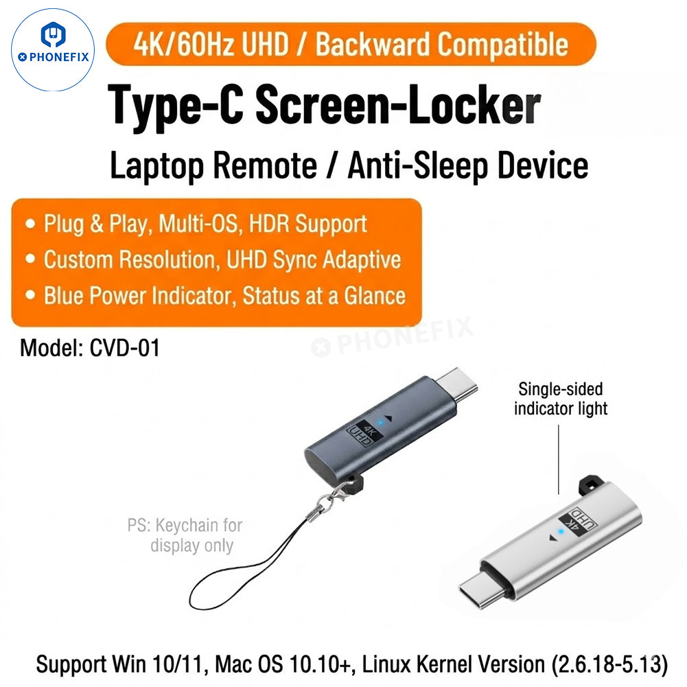 PhoneFix Type-C graphics card 4K UHD virtual display adapter with EDID emulator, showcasing its compact design and connection ports.