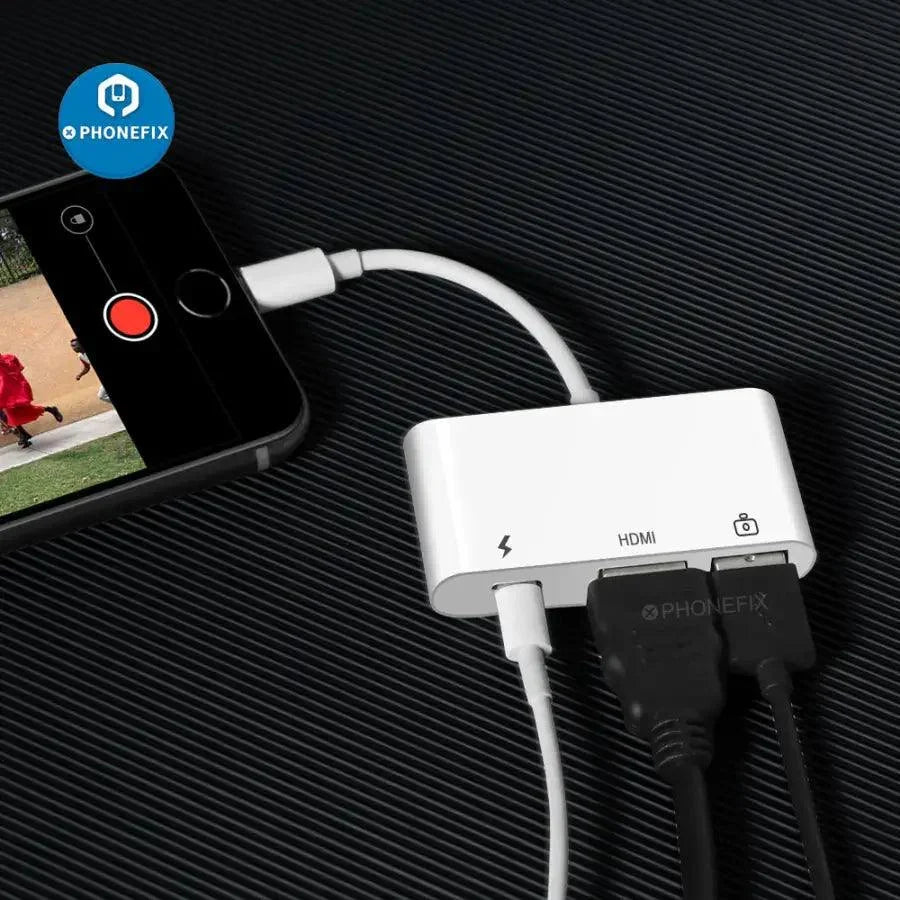 PHONEFIX 3-in-1 iPhone Lightning to Lightning USB 3.0 OTG adapter showing multiple connection ports for iPhone accessories