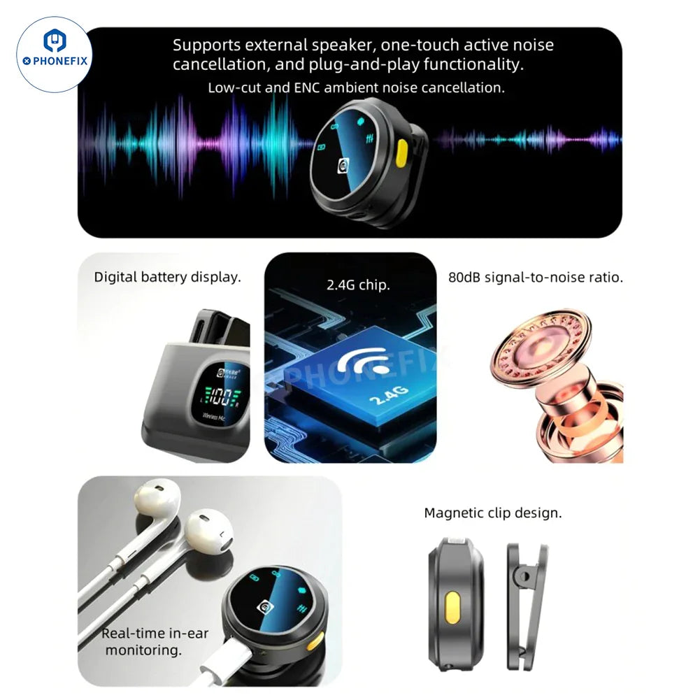 WIRELESS microphone for live video recording by PHONEFIX, compact 3C accessories with microphone and transmitter in a sleek design.