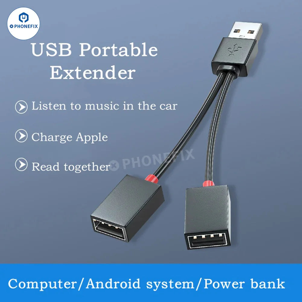 PHONEFIX 3C USB extender splitter cable for mobile phone charging, showing the compact two-in-one USB connection in use