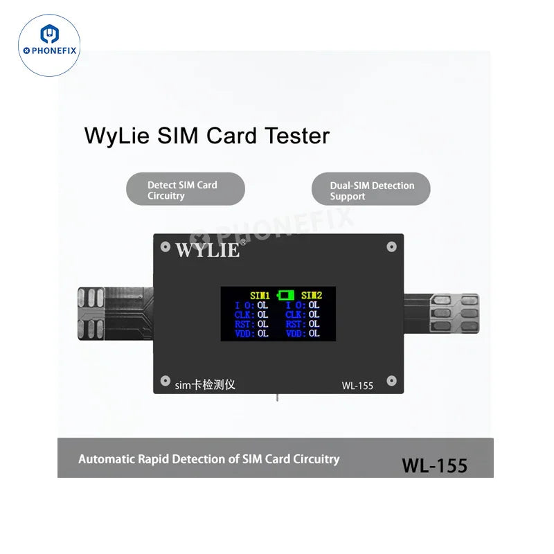 PHONEFIX WYLIE WL-155 SIM card tester for iPhone 14-17 Pro Max and Android, showing device connection and testing interface.