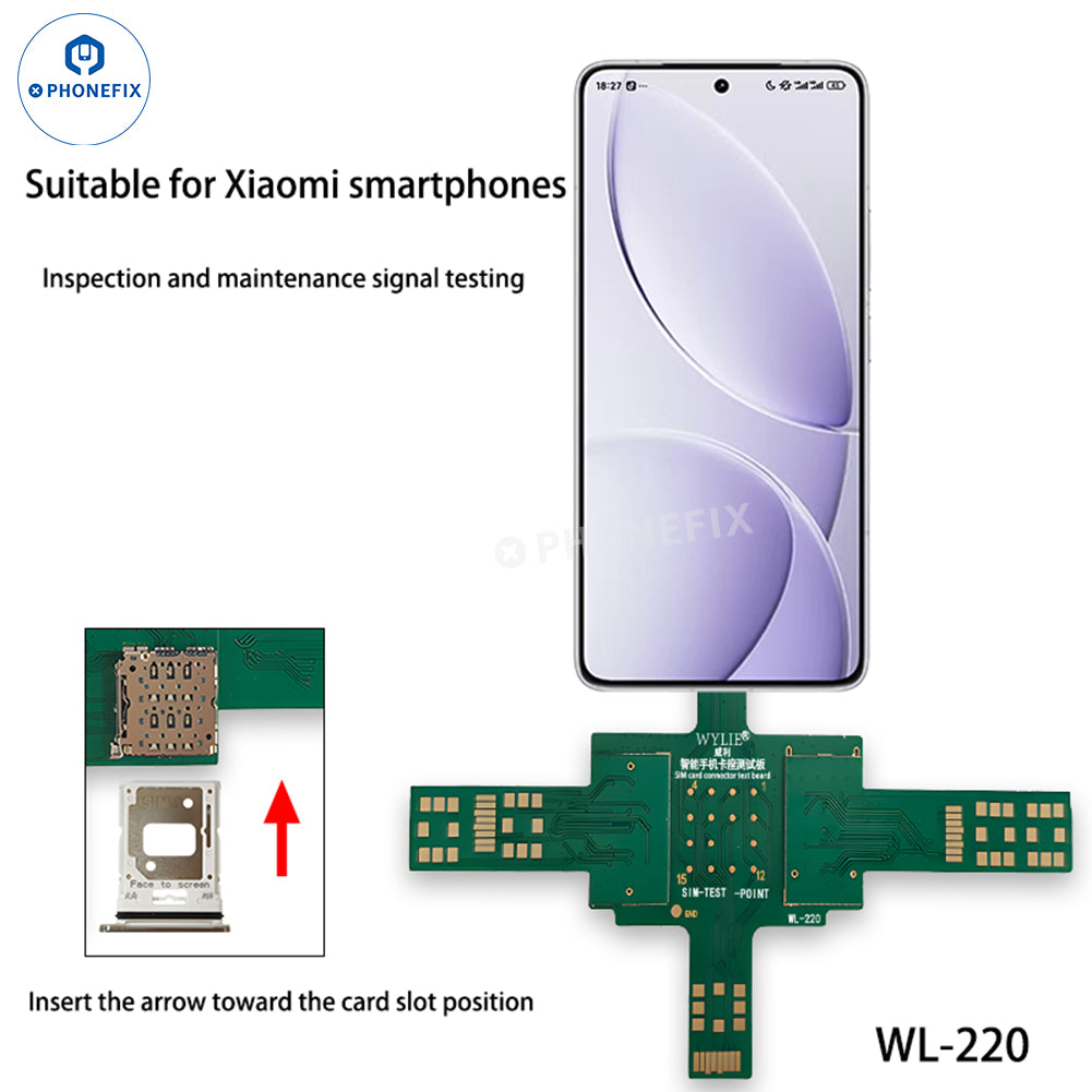 PHONEFIX WYLIE WL-220 SIM card test board for Xiaomi phones, used for signal detection and 3C accessory testing.