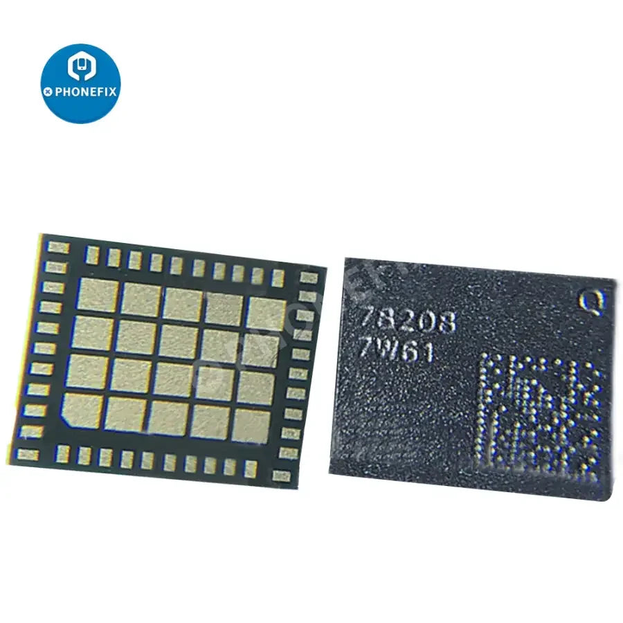 Close-up of PHONEFIX HS8225L, HS8443-61, HS8916-41, HS8269L, and 78028 amplifier IC chips for Android phones.
