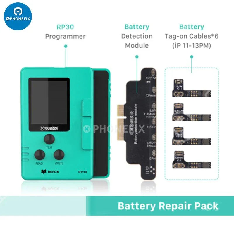 REFOX RP30 battery tester tool with pre-programmed iPhone battery tag-on cable, used for testing iPhone batteries.