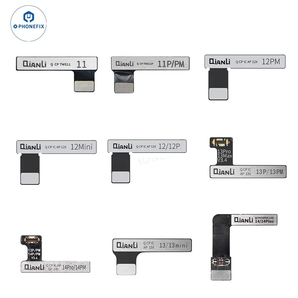 PHONEFIX Qianli Copy Power Battery Flex Cable for iPhone 11-14 Pro Max, with battery tester tool in close-up view