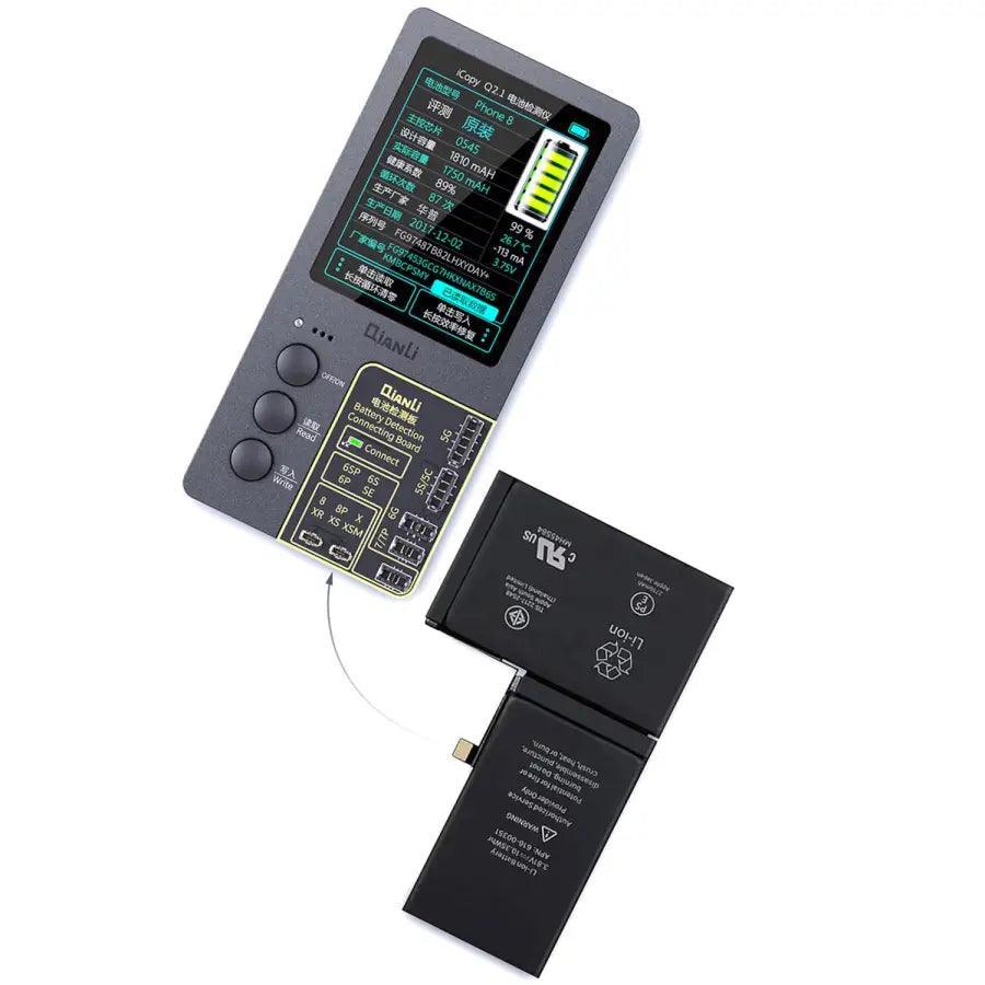 QianLi iCopy Plus Battery Board Detection Tool connecting an iPhone battery, used for testing and diagnosing battery issues.
