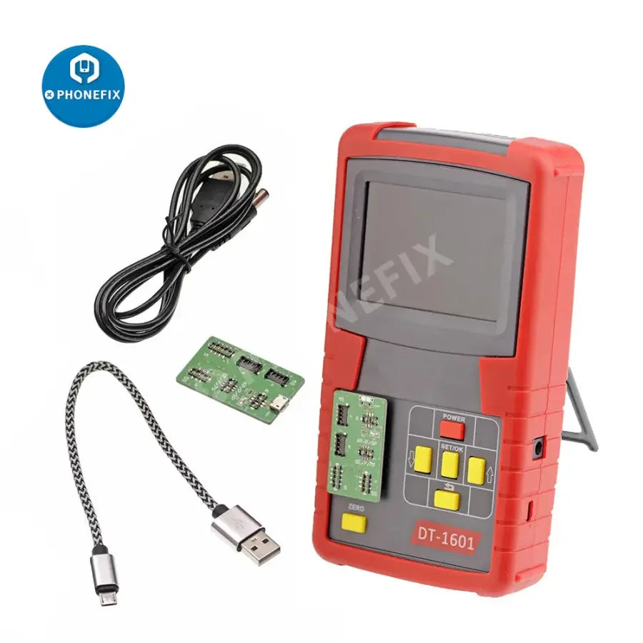 PHONEFIX DT-1601 battery tester digital analyzer for iPhone batteries from models 4 to 7P, detects battery health and properties.