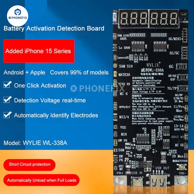 PHONEFIX WL-338A battery activation board for iPhone 6-15 Pro Max and Android devices, showcasing the battery tester tool with connectors.