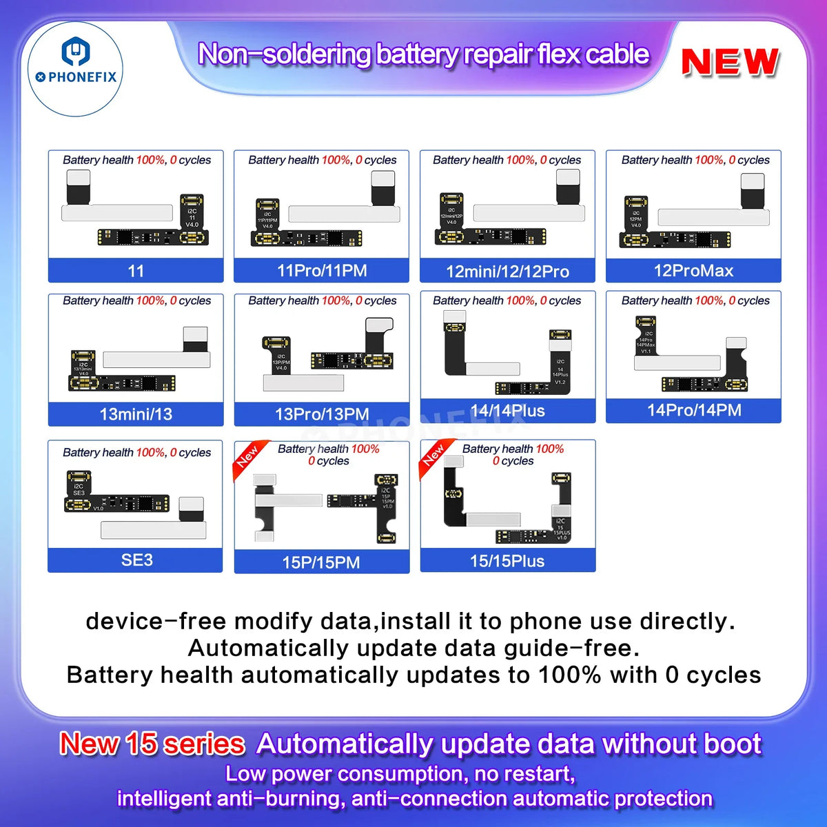 PHONEFIX i2C Tag-on Battery Repair Flex Cable for iPhone 11-15 Pro Max, used as a battery tester tool for repairs.