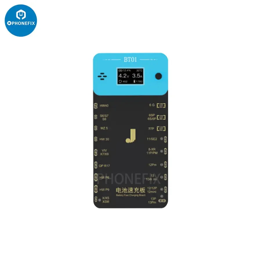JCID BT01 battery fast charging board with display, a PHONEFIX battery tester tool for iPhone and Android smartphones.