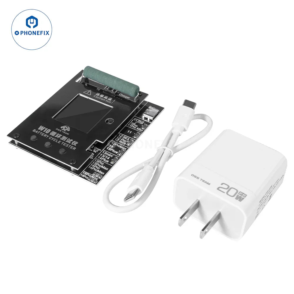 PHONEFIX OSS W10 cycle tester tool for iPhone 11-15 Pro Max batteries, showing the device with display and testing interface.