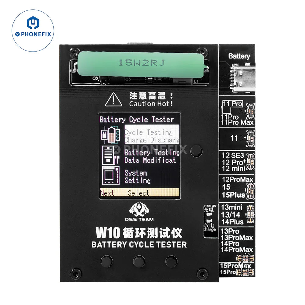 PHONEFIX OSS W10 cycle tester tool for iPhone 11-15 Pro Max battery efficiency testing and quick performance improvements.