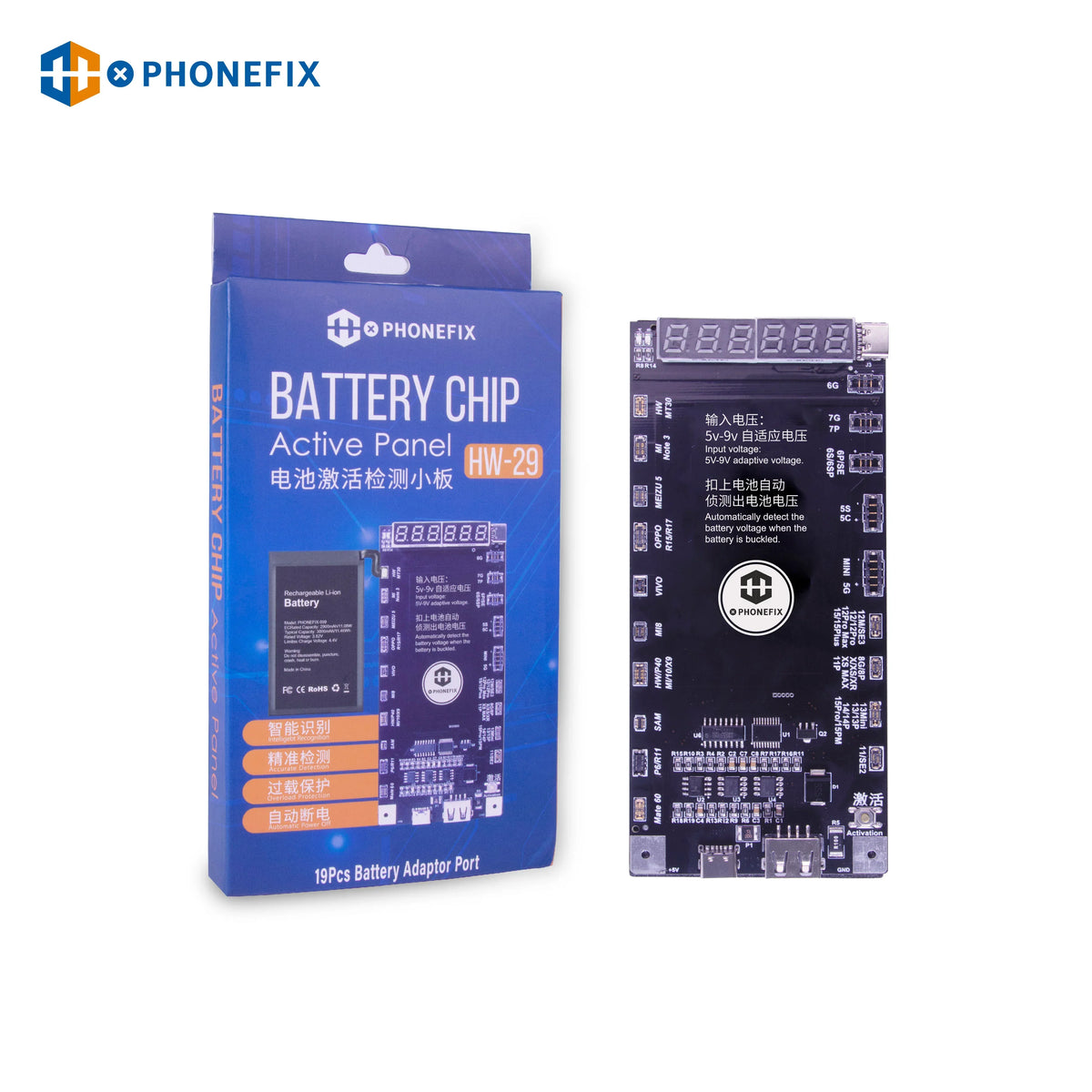 PhoneFix battery activation board for iPhone 6-15 Pro Max and Android Mate 60, showing the battery tester tool with circuit components.