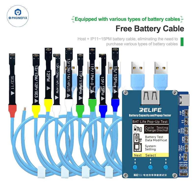 RELIFE XA2 Pro battery tester tool for iPhone 11-15PM, showing the device's display and testing components.