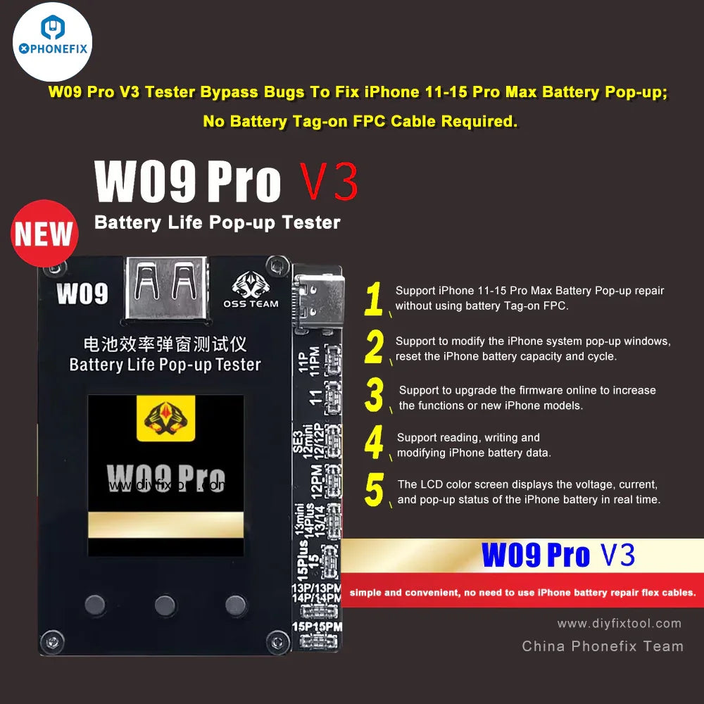 PhoneFix W09 Pro Battery Tester tool for iPhone 11-15, showing device screen and testing interface for battery health analysis.