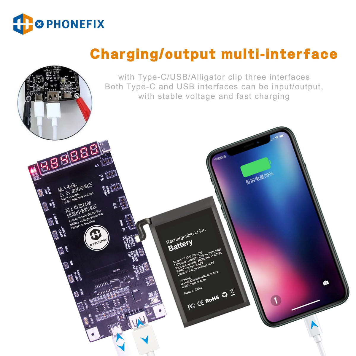 PHONEFIX W209 Pro V11 battery tester and charging activation board for iPhone 6-17 and Android devices, showing testing ports and circuitry.