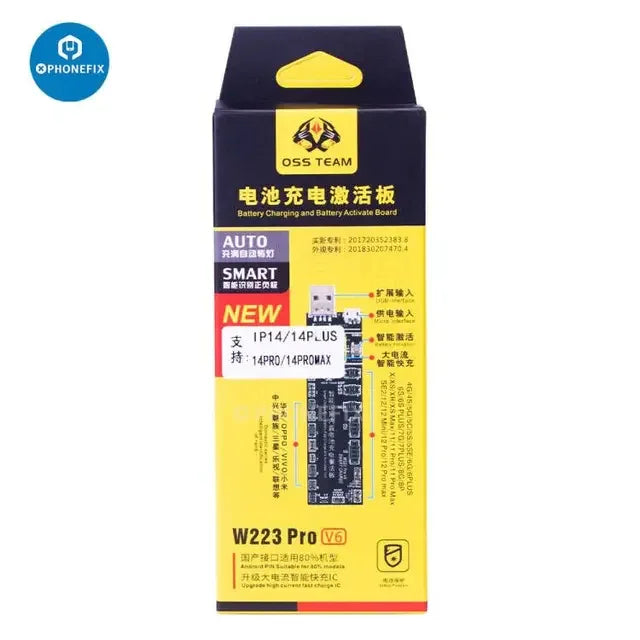PHONEFIX C-001 fast charging battery activation board for iPhone battery testing, shown on the W223Pro tester device.