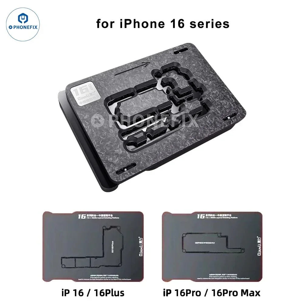 QianLi PHONEFIX BGA reballing platform for iPhone 16 Plus/Pro Max, 4-in-1 middle layer reballing station with precision tools.