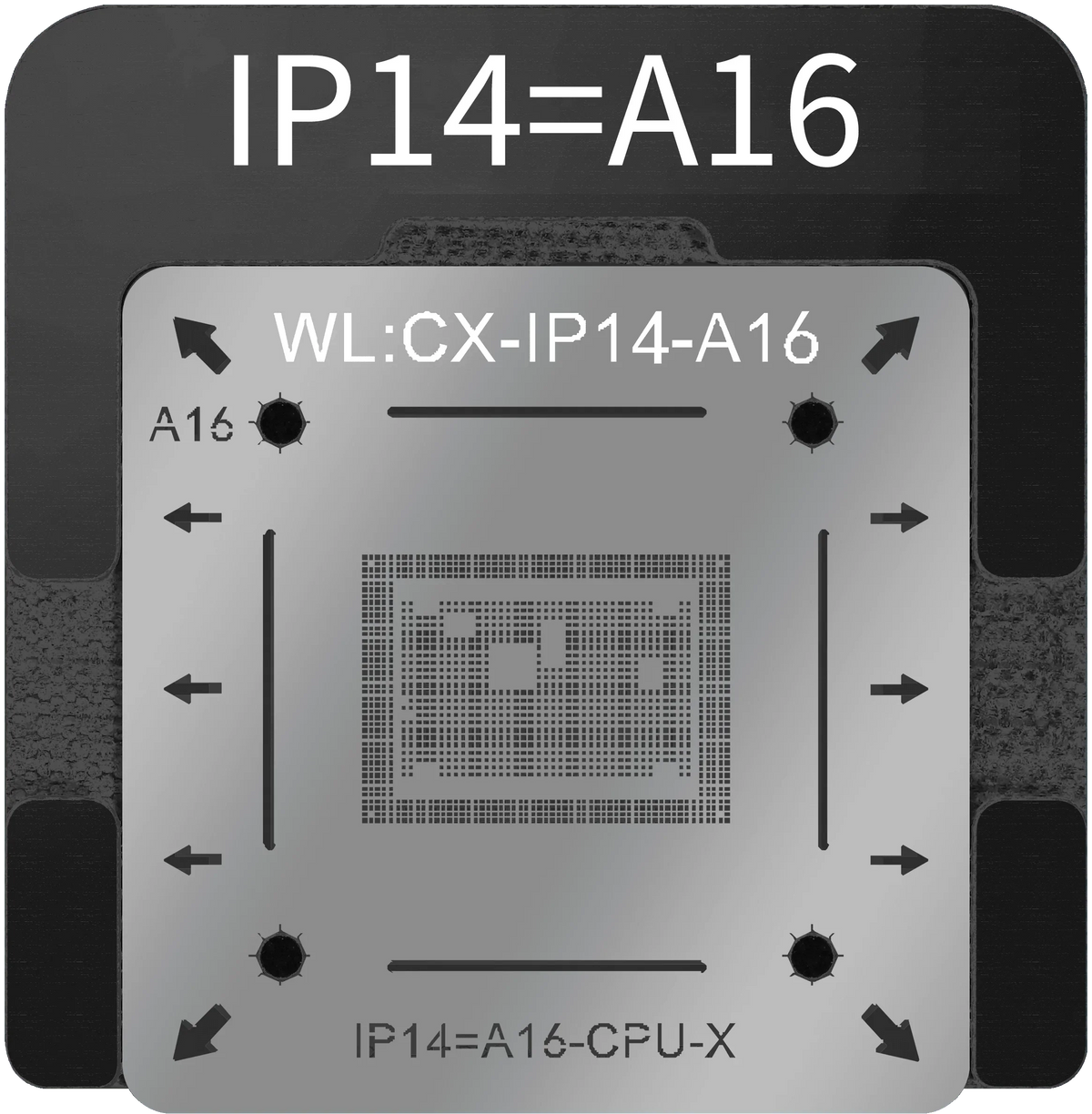 PhoneFix BGA reballing stencil kit for iPhone A8-A16 CPU, 0.1mm BGA platform for precise reballing repair.
