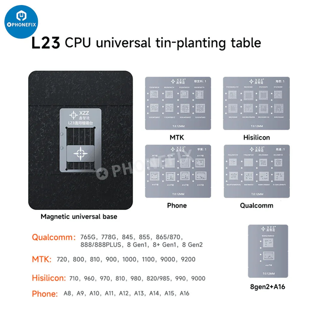 XZZ L23 CPU reballing stencil platform for iPhone A8-A16 BGA repair by PHONEFIX, used for precise BGA reballing processes.