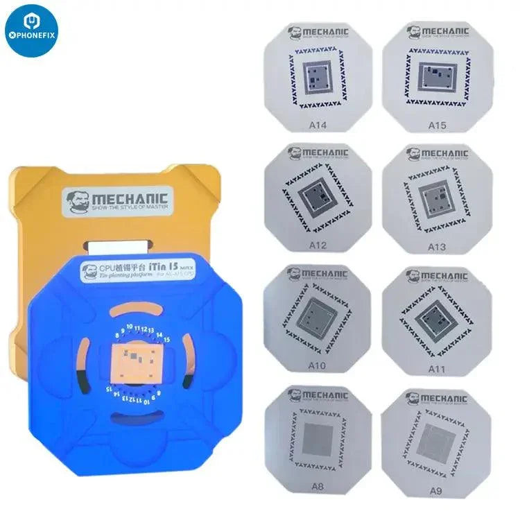 Mechanic iCPU 7-in-1 BGA reballing platform for iPhone A8-A15 repair by PHONEFIX, used for CPU reballing and repair.