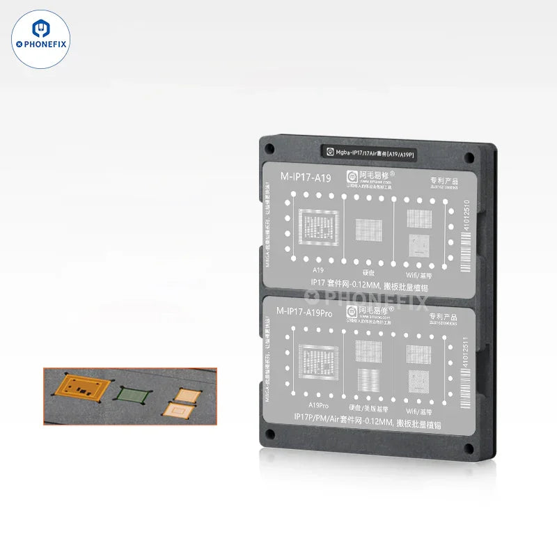 PHONEFIX AMAOE CNC BGA Reballing Platform for iPhone 7-16PM, showing the precision tool and layout for motherboard reballing.