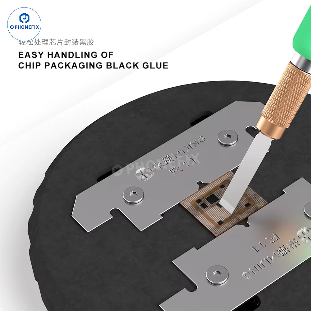 MIJING R11 R12 BGA reballing platform for degumming and soldering, with PHONEFIX branding, used for IC rework and glue removal.