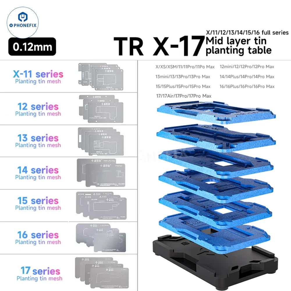 PHONEFIX XZZ TR middle frame BGA reballing platform for iPhone X to 17 Pro Max, used for precise circuit board repair.