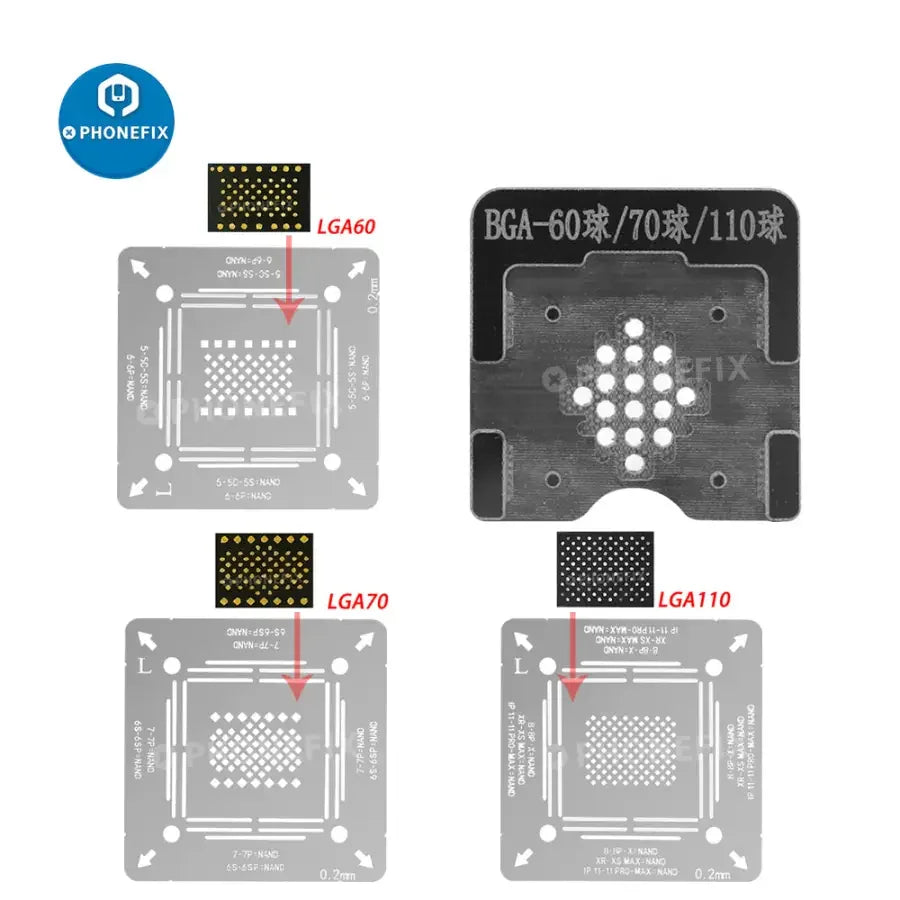 PHONEFIX 3-in-1 WL NAND Hard Disk BGA Reballing Stencil for iPhone 5 to 12 Pro Max repair and reballing processes.