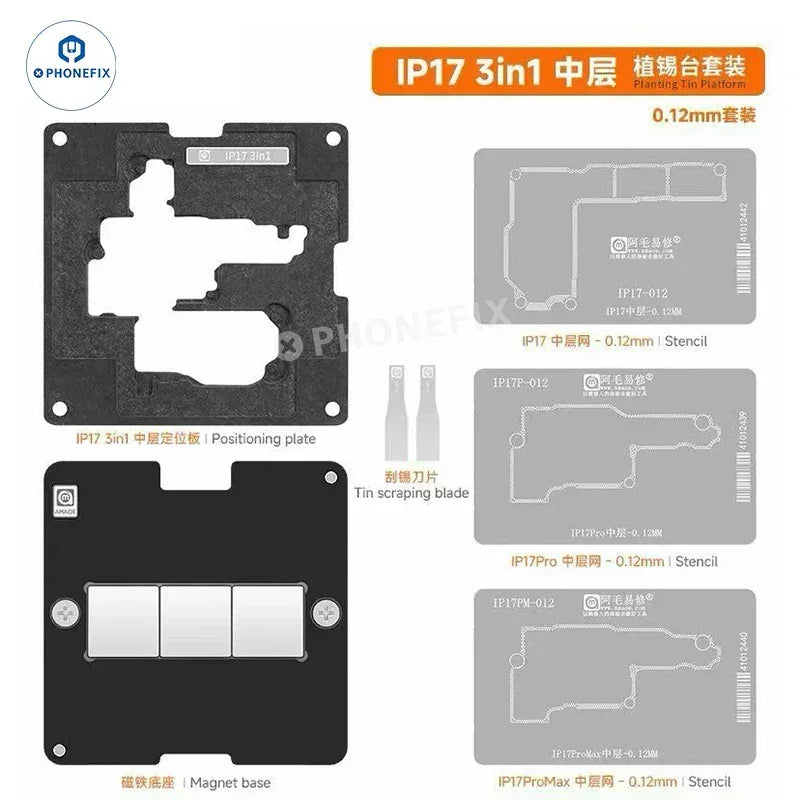 PHONEFIX Amaoe 31-in-1 BGA reballing stencil kit for iPhone X-17 series, featuring multiple stencil sizes on a compact layout.