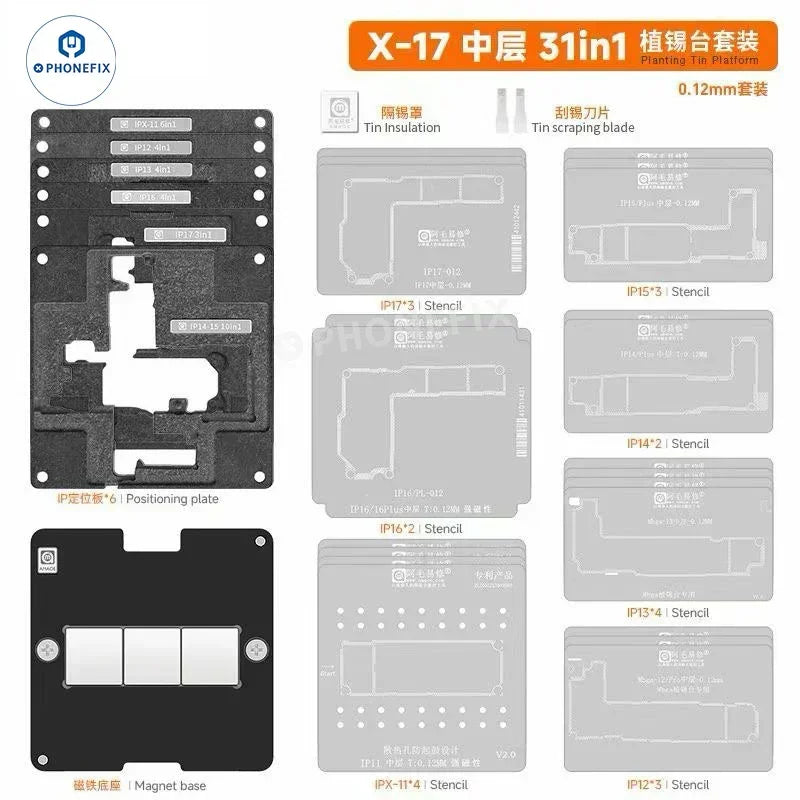 Amaoe 31-in-1 BGA reballing stencil kit for iPhone X-17 series, used for reballing and repair, with detailed stencil layout.