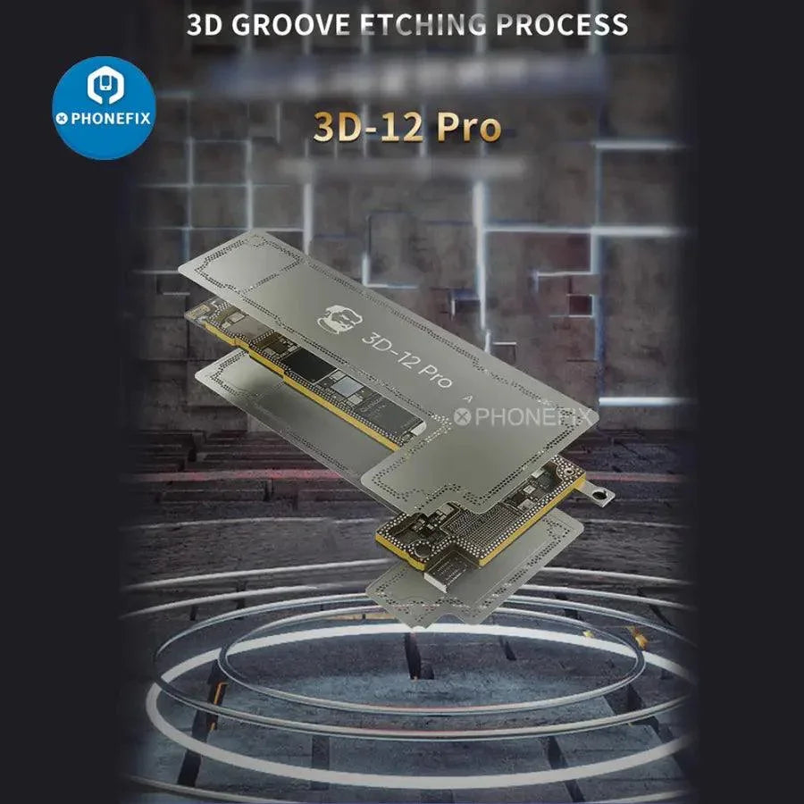 Mechanic 3D-12Pro BGA reballing stencil for iPhone 12 Pro, used for precise reballing and repair of mobile device circuit boards.