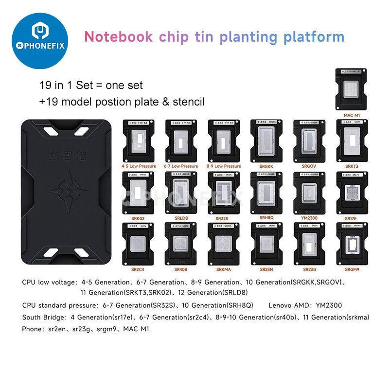 XinZhiZao BGA reballing stencil kit for MacBook Air and Pro repair, featuring precision metal stencil and repair tools.