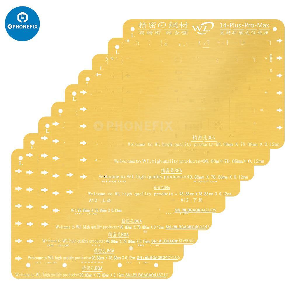 PhoneFix WL Golden BGA Reballing Stencil Net for iPhone 6-13 Pro Max soldering, used for precise BGA reballing repair.