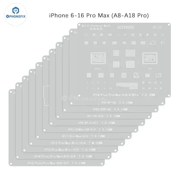 PHONEFIX Amaoe BGA Reballing Stencil with CPU position for iPhone A8-A19, used for precise reballing and repair.