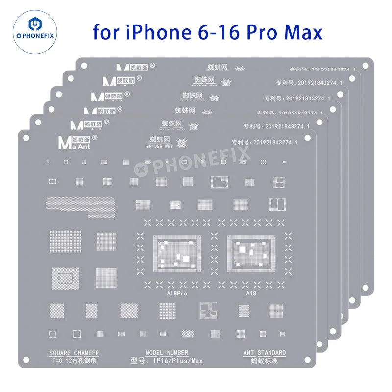 BGA reballing stencil with 0.12mm square holes for iPhone 6 to 16 Pro Max, used for precise reballing repair.