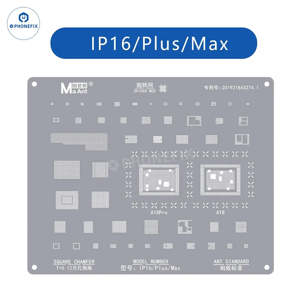 PHONEFIX BGA reballing stencil with 0.12mm square holes for iPhone 6 to 16 Pro Max repair and reballing tasks.