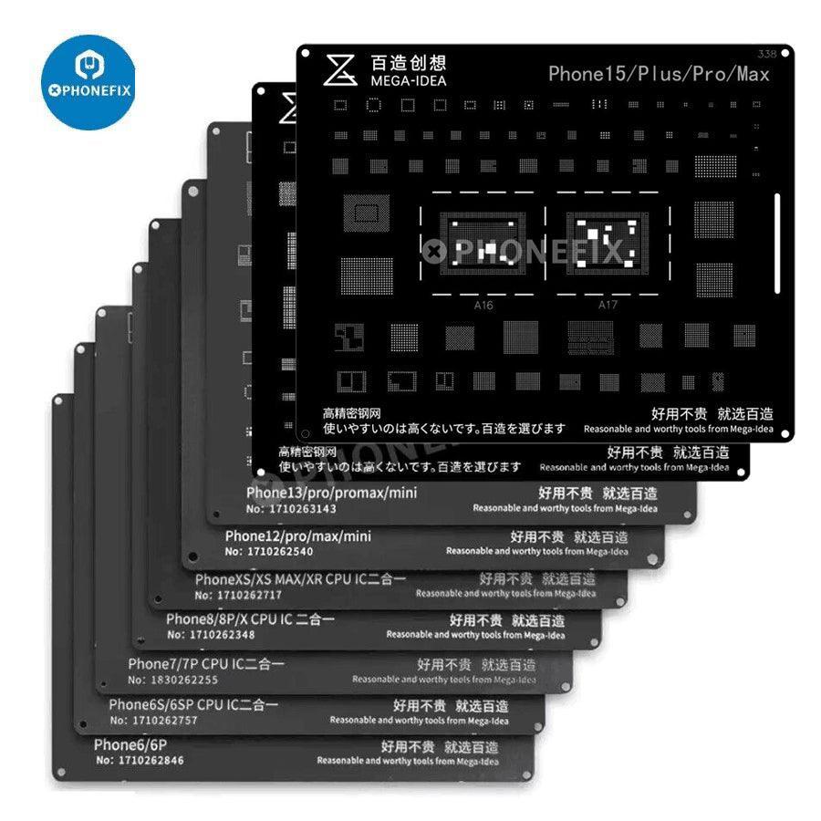 QianLi Black Steel BGA Reballing Stencil Kit for iPhone models, showing detailed stencil with precise holes for reballing process.