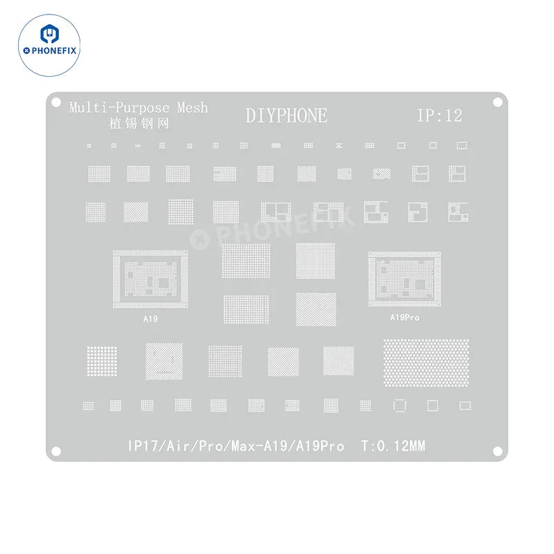 Silver BGA reballing stencil template for iPhone 6-17 Pro Max by PHONEFIX, showing detailed holes for reballing process.