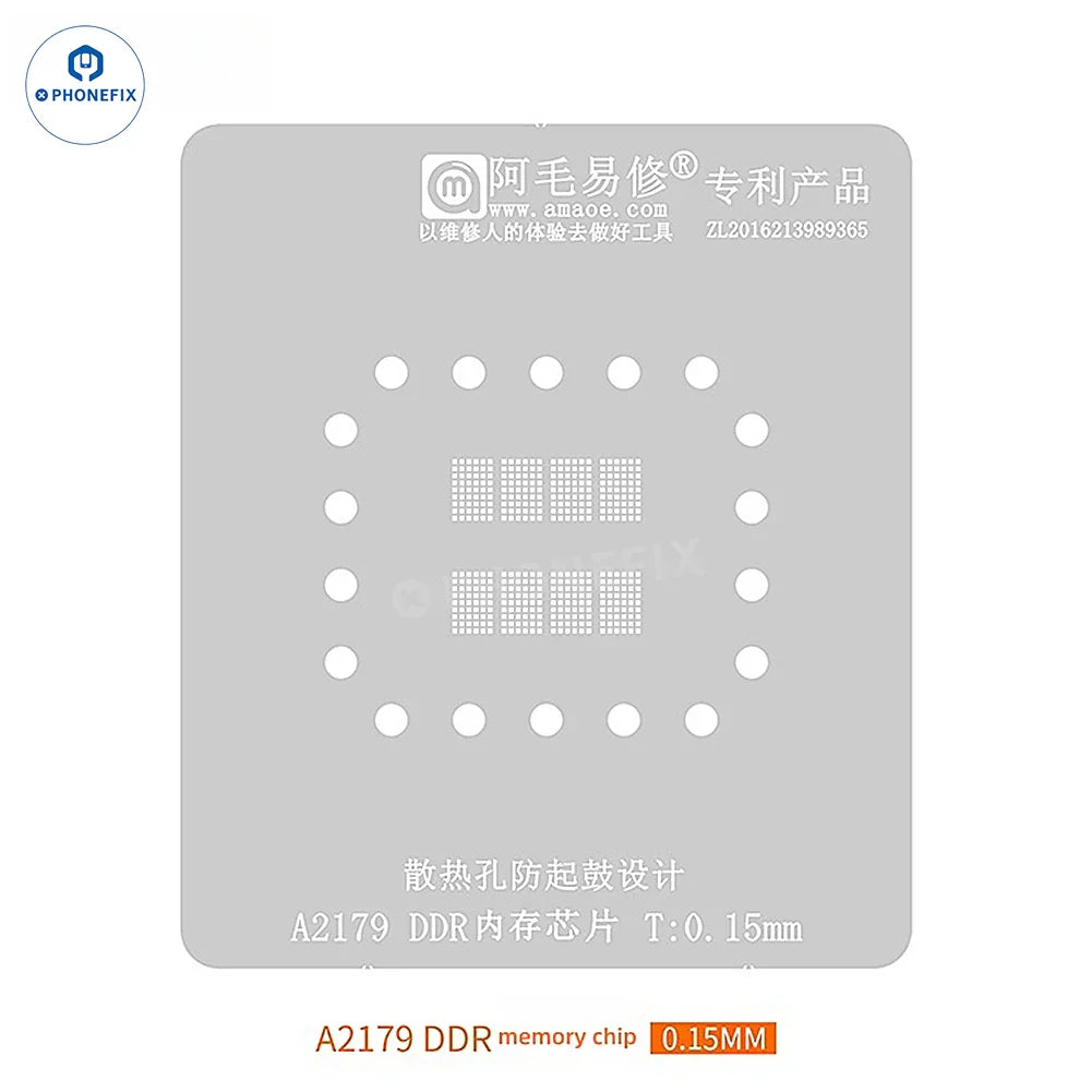 Phonefix AMAOE BGA253 BGA190 DDR LPDDR3 video memory chips reballing stencil, featuring 0.15mm precision holes for rework.