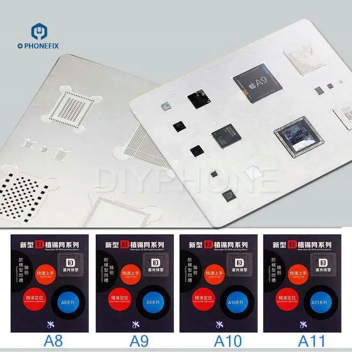 MJ 3D BGA Reballing Steel Stencil Plate Net for iPhone 6-13PM by PHONEFIX, used for precise BGA reballing repair.