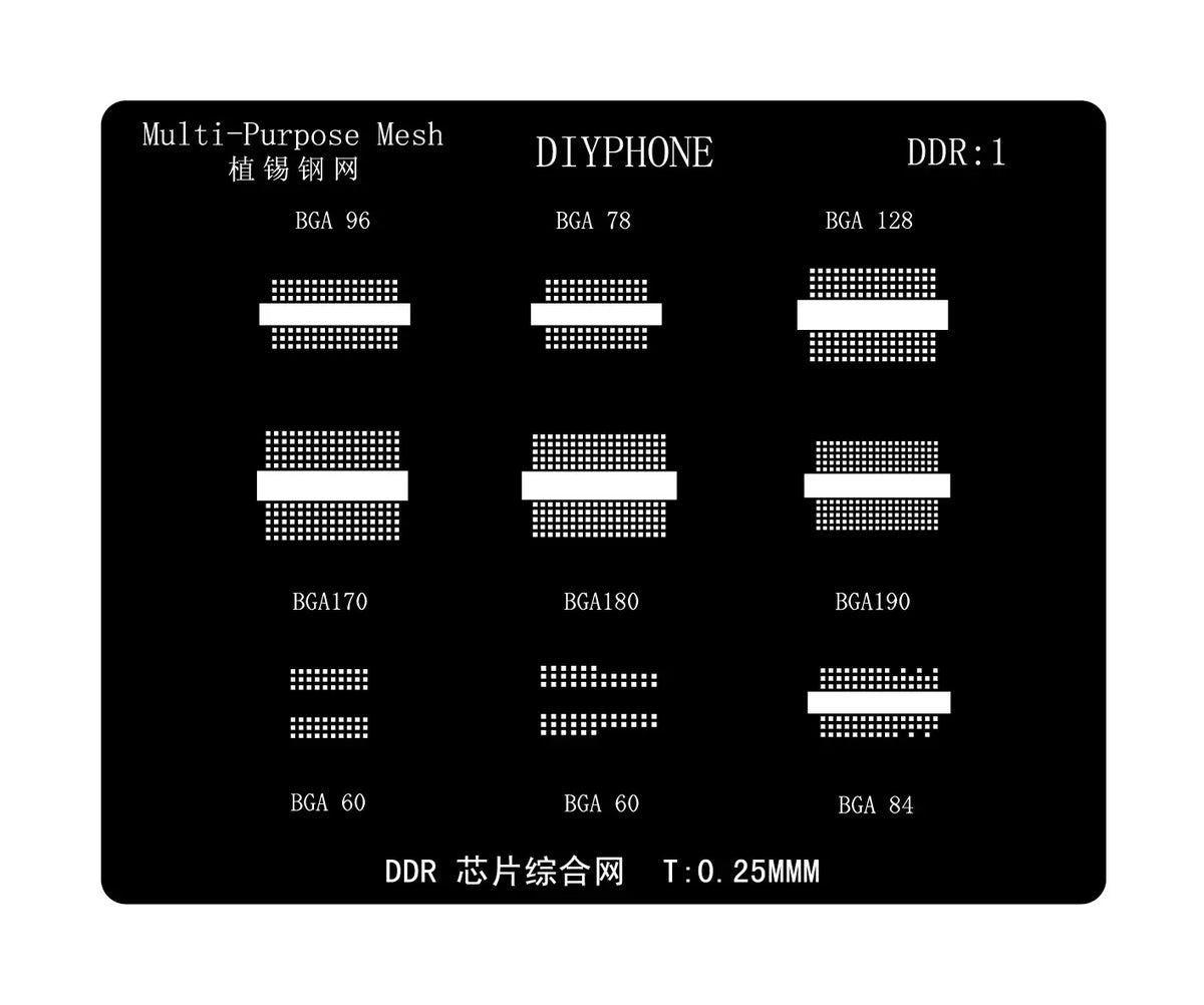 Phonefix Amaoe BGA reballing stencil template for DDR memory chips, showing detailed metalized holes for precise reballing.