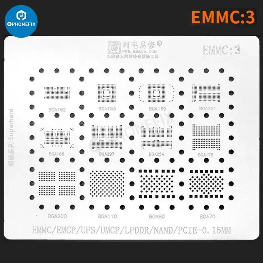 Amaoe BGA reballing stencil for EMMC, EMCP, UFS IC chips used in soldering, designed for precise reballing tasks.